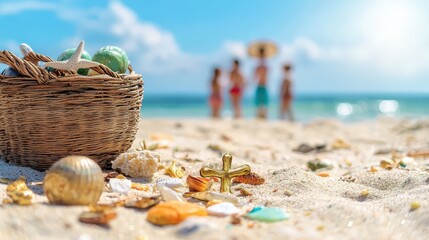 A vacation scene where a group solves a treasure hunt on the beach