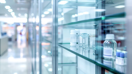 Empty glass medicine cabinet in hospital setting with open doors and shelves, symbolizing healthcare crisis, drug shortages and medical supply issues. Healthcare system challenges and hospital resourc
