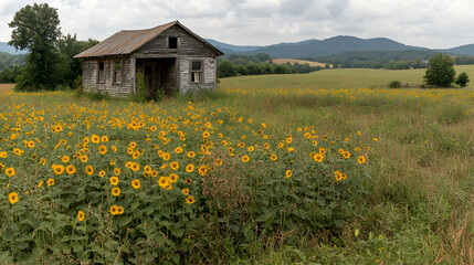 Abandoned house in wildflower field peaceful rustic countryside landscape photography