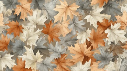Fototapeta premium 5.A flat cartoon seamless pattern with autumn leaves in muted tones of orange, beige, and grey. The leaves feature detailed veins and subtle shadowing, arranged in a scattered design, ideal for