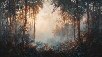 Fototapeta premium Misty forest sunrise. Tranquil, golden sunlight filters through ancient trees.