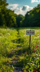 No Drugs Sign, Meadow Path, Forest Background