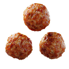 Three spherical meatballs with a crispy texture showcasing their rich color and surface detail. isolated on white background and transparent background