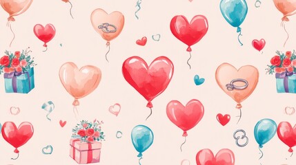 20.A charming pattern of heart motifs, elegant wedding rings, and colorful balloons, paired with small bouquets and gift boxes, creating a versatile design for romantic occasions like Valentine Day