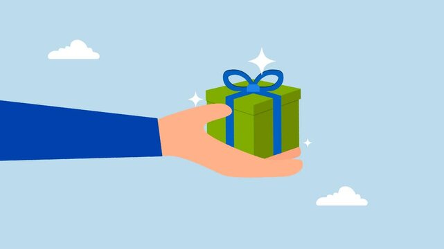 Gift reward program, 4k animation of hand giving gift box with ribbon.