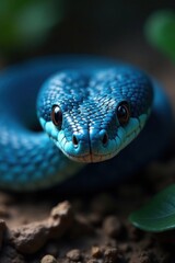 Fototapeta premium Snake closeup face of blue viper snake in natural habitat, snake, scales