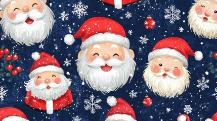25.A playful Christmas pattern showcasing smiling Santa faces in a scattered arrangement, complemented by snowflake accents on a rich navy background. The seamless design captures the essence of the