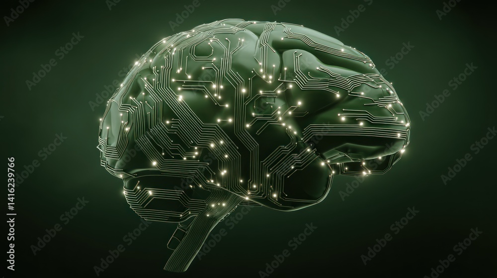 Poster a futuristic depiction of a brain with circuit patterns, symbolizing the intersection of technology 