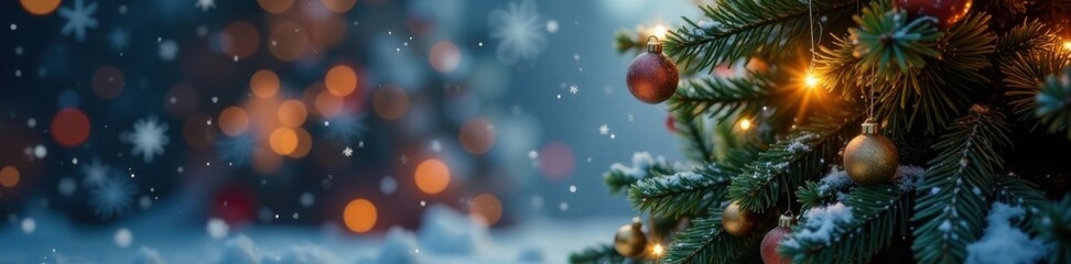 Snowflakes fall gently around a Christmas tree, winter wonderland, cozy atmosphere