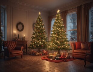 Ornate Christmas tree, glowing lights, cozy room,  fir,  garland