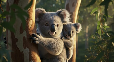 Obraz premium Adorable Koala Duo: A Mother's Embrace in the Australian Outback