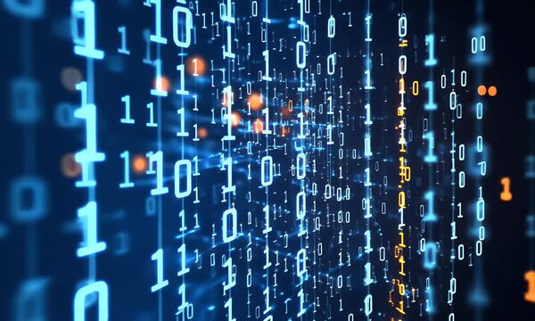 Abstract blue background with flowing lines made of binary code and data streams, representing digital technology and big data