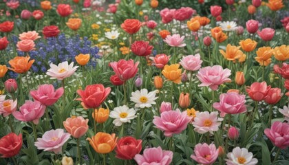 Fototapeta premium Vibrant watercolor garden blooms; roses, tulips, daisies , design element, illustration, flower watercolor