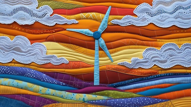 Vibrant fabric quilt scene depicting windmill on colorful hills under stylized clouds and sky, symbolizing renewable power, nature, and artistic environmental awareness


