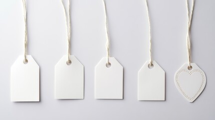 80.A display of blank white paper tags in a variety of shapes&acirc;&euro;&rdquo;rectangular, circular, and heart-shaped. Each tag is carefully attached to a soft cord, set against a clean background that allows the