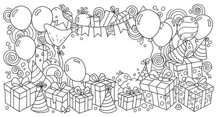 Whimsical black and white birthday celebration with balloons, gifts, and party hats, perfect for coloring book pages and festive designs