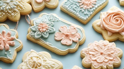 Fototapeta premium 88.A close-up view of sugar cookies designed as gift tags, with pastel-colored icing in intricate floral patterns. The cookies are arranged against a soft blue background, capturing the sweet and