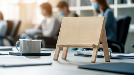 A blank wooden easel sign displayed prominently on a conference table with a blurred meeting of masked individuals engaged in a focused discussion.