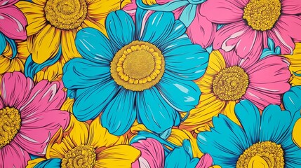 95.A bold, retro floral pattern with large, psychedelic daisies and curvy lines, set in a mixture of vibrant, contrasting colors like turquoise, sunburst yellow, and vivid pink. The design has a