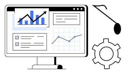Fototapeta premium Monitor displays line graph, bar chart, checklists, and dashboard graphics alongside gear and cursor. Ideal for data analysis, business strategy, process optimization, growth, productivity tech