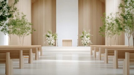 Fototapeta premium Modern, minimalist wedding ceremony venue. Wooden pews line the aisle towards a simple altar space adorned with greenery and flowers