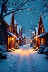 Fototapeta premium Snowy village street with Christmas lights and decorations, decorations, village