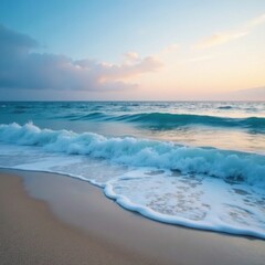 Soft blue ocean waves on a sandy beach at dawn, gentle and relaxing scene, ocean gradient, sunrise atmosphere
