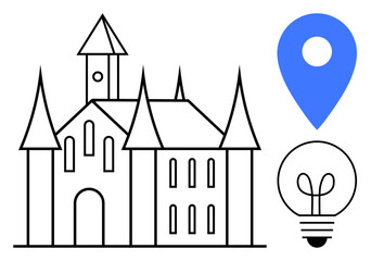 Fototapeta premium Castle with spires symbolizing history, map location pin, and light bulb for innovation and ideas. Ideal for tourism, history, creativity, navigation, inspiration architecture innovation. Flat