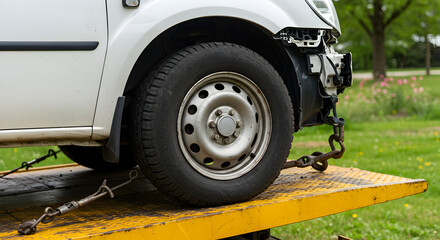 White Car Being Towed on Yellow Towing Platform with Steel Chains in Daylight