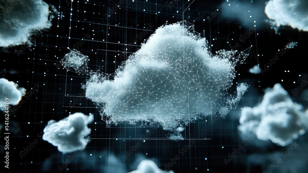 Poster ethereal clouds with digital connections and network structure visualizing technology and innovation