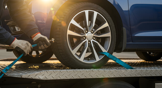Tow Truck Attendant Securing Blue Car on Flatbed with Sun Flare at Daytime
