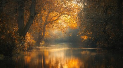 Fototapeta premium Golden Autumn Reflections, Serene Riverside Scenery in Warm Hues