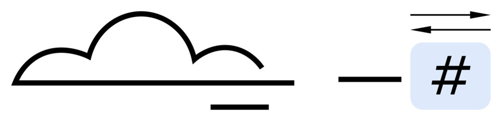 Obraz premium Minimalist cloud outline with horizontal lines, data flow arrows, and metadata tag symbol. Ideal for technology, networking, communication, data exchange, cloud storage, computing simple landing