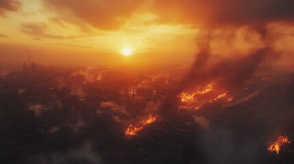 Naklejka premium Dramatic Aerial View of Urban Landscape Engulfed in Flames and Smoke During Fiery Sunset, Capturing the Intensity of a Catastrophic Event