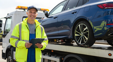 Smiling Tow Truck Operator in Reflective Vest Posing with Blue Car on Towing Truck Bed Under Bright Sunlight
