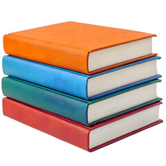 Stack of colorful books in orange, blue, green, and red, isolated on a white background.