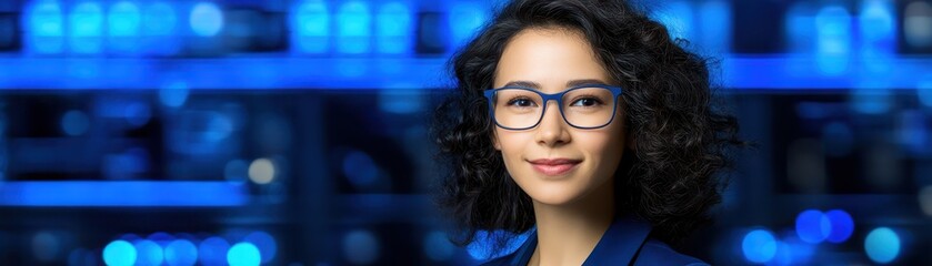 Obraz premium Portrait of a smiling woman with stylish glasses, captivating image of modern confidence