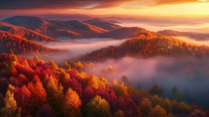 Naklejka premium Breathtaking Autumn Landscape with Vibrant Colors in a Mountainous Region Under a Dramatic Sunrise Sky and Misty Horizon, Showcasing Nature's Beauty and Tranquility