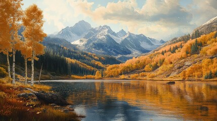 Fototapeta premium Serene Autumn Landscape with Vibrant Orange Foliage, Majestic Mountains, and Reflective Lake Under Soft Blue Skies in a Peaceful Natural Setting
