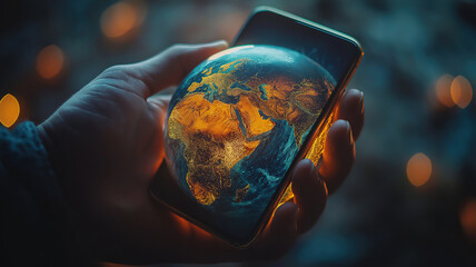 Fototapeta premium Global bitcoin currency concept with smartphone in hand and earth globe in digital background