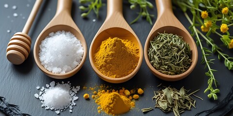 Natural culinary setup with wooden spoons filled with salt, turmeric, and herbs, surrounded by fresh greenery and honey dipper, symbolizing healthy cooking and organic food

