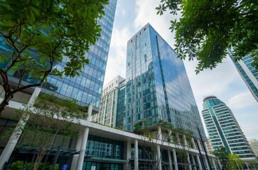eco-friendly structure in a contemporary metropolis.  Trees and a glass office building that reduces CO2.  green building design.  Concept for a green business of the future.  Bangkok, Thailand's True