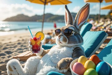 Easter Bunny Relaxing on Beach with Sunglasses and Tropical Drink