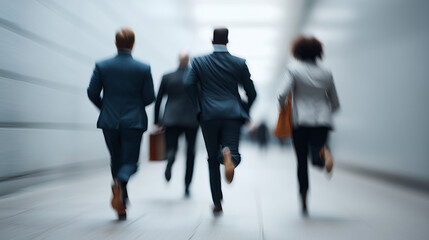 Fototapeta premium Hustle and Ambition: A dynamic shot captures a group of business professionals sprinting forward with purpose through a modern, abstract corridor. A visual narrative that represents urgency, drive.