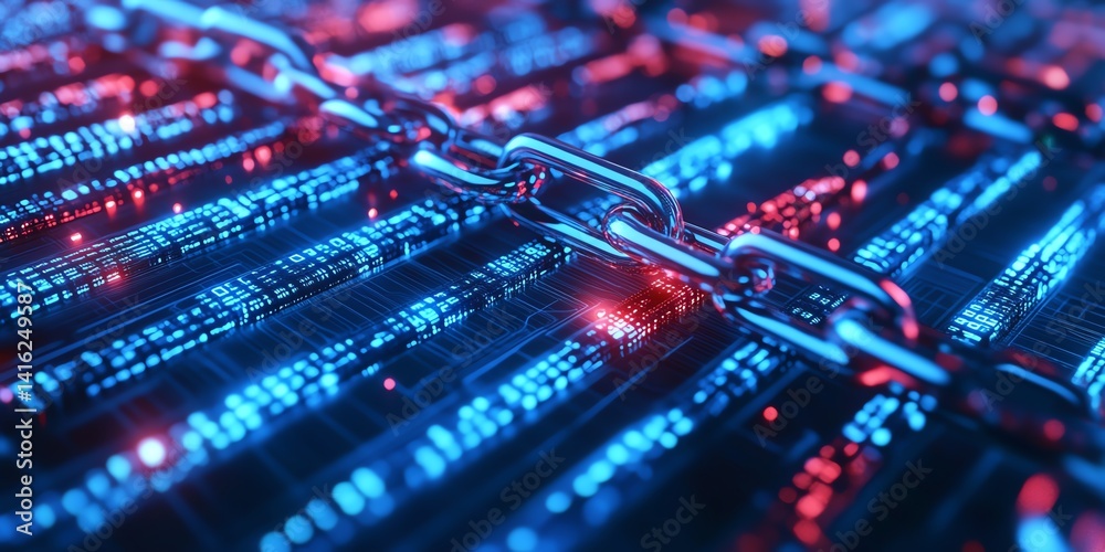 Poster digital chain connecting data streams in an abstract cyber environment with illuminated circuits and