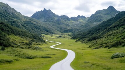 Winding road through a lush mountain valley.  A scenic landscape of rolling hills and dense forests