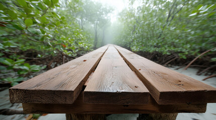 Fototapeta premium Wood Plank Walkway: A weathered wooden walkway extends into the lush, vibrant rainforest, framed by towering green trees and kissed by a light, misty fog. Evokes a sense of peaceful.