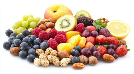Vibrant assortment of fresh fruits and nuts including peaches kiwi grapes raspberries blueberries strawberries plums almonds and peanuts on white background