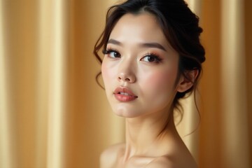 Fototapeta premium Stunning Asian woman with intricate eye makeup and luscious lashes posing in front of elegant beige backdrop , refinement, fashion, glamour