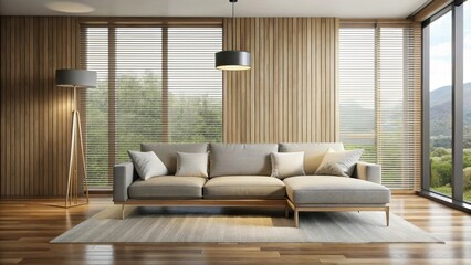 Sleek low-slung sofa placed against a wall, surrounded by floor-to-ceiling windows with natural wood trim and white blinds , minimalist decor, floor lamps
